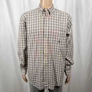 Vintage 90s Nautica Men's Large Beige Blue Plaid Long Sleeve Button-Up Shirt